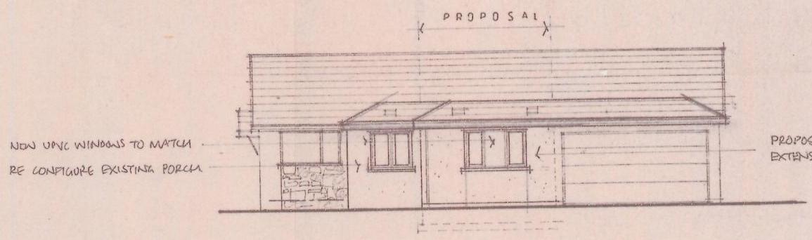This image displays an architectural elevation drawing of a proposed single-storey house extension. It features annotations detailing new windows and porch reconfiguration alongside a garage.