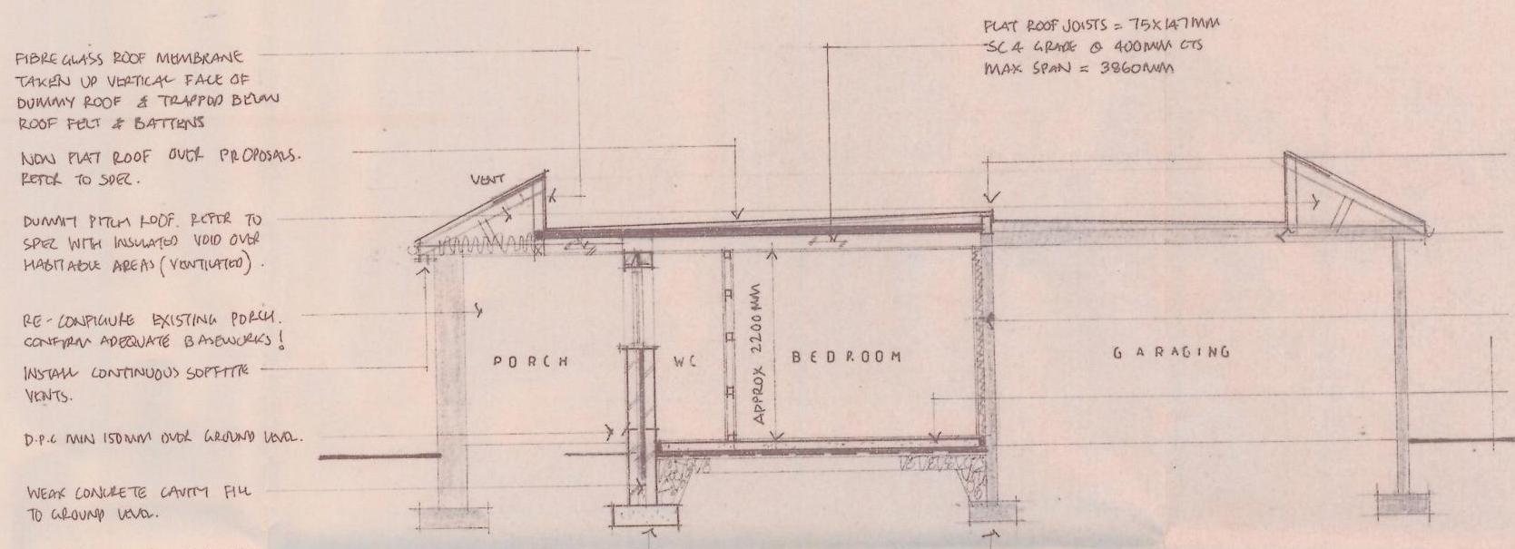 A hand-drawn architectural section showing a porch, bedroom, and garage area with construction annotations and dimensions.
