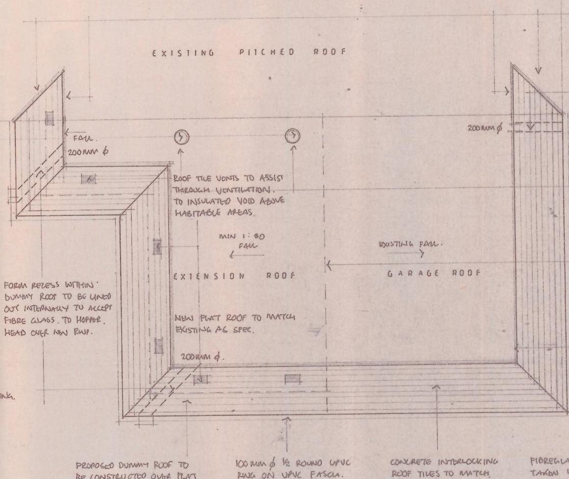 A technical architectural drawing detailing roof construction for an extension and garage, featuring handwritten notes on slopes, vents, and materials.