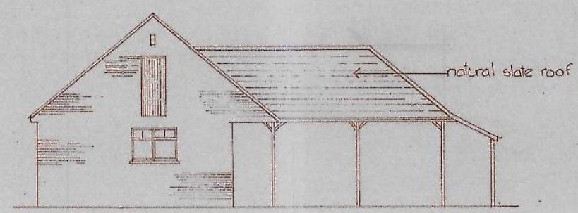 A hand-drawn architectural elevation sketch of a building featuring a gable end and an attached lean-to structure, annotated with 'natural slate roof'.