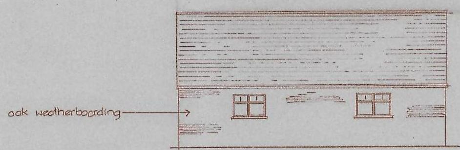 Architectural elevation drawing showing a building facade with windows and a label for oak weatherboarding.