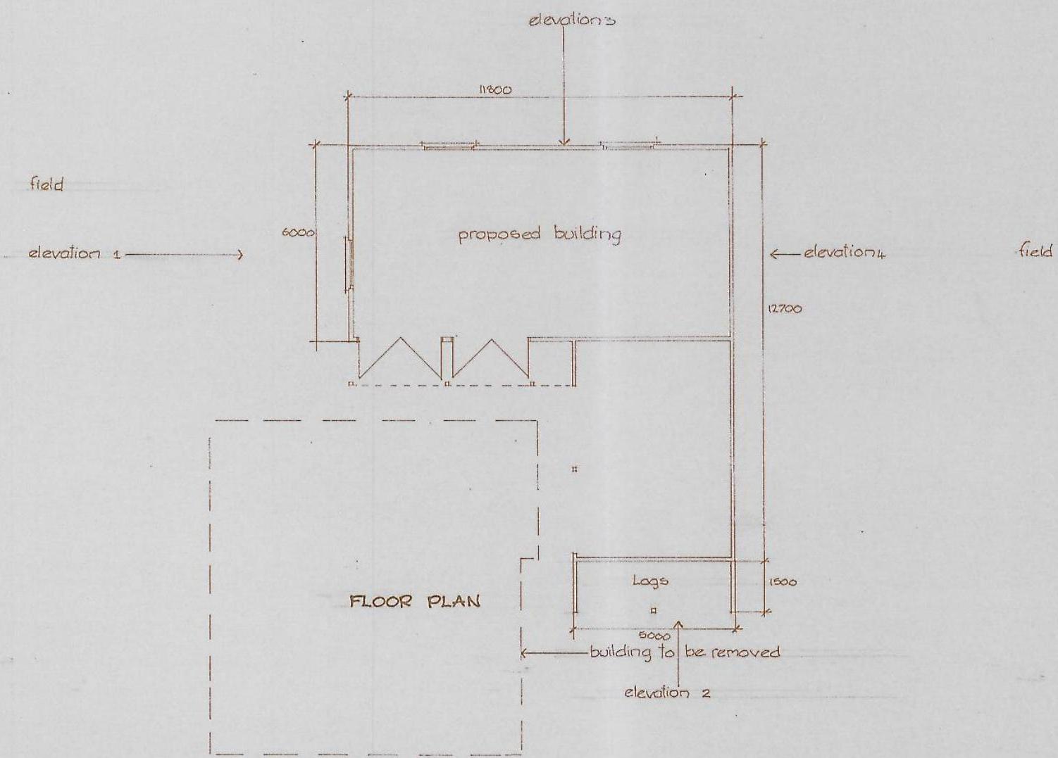 Architectural sketch showing floor plan and elevations for a proposed agricultural building replacement, including an existing structure marked for removal.
