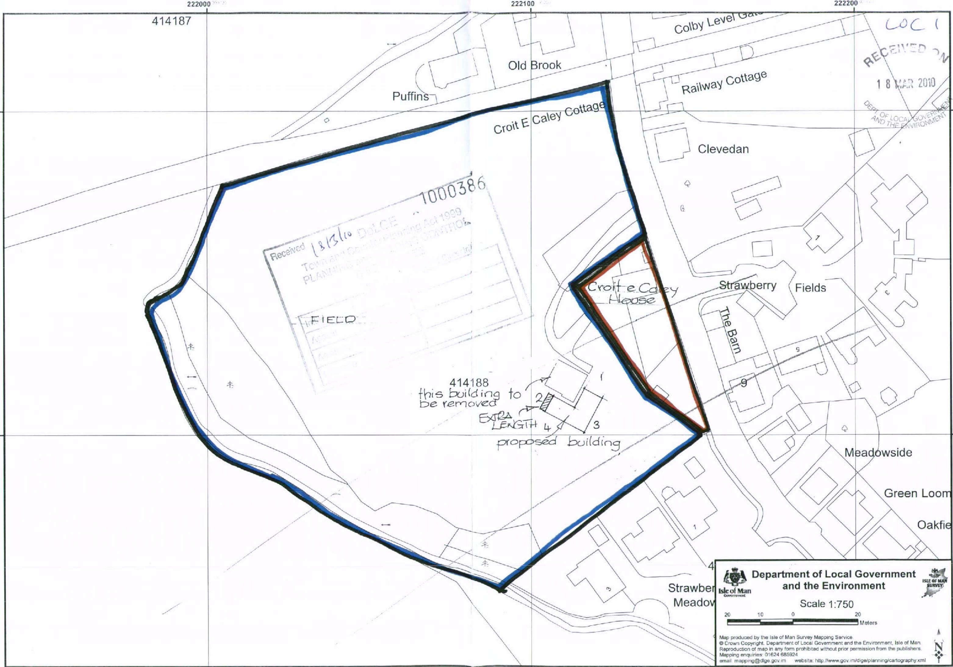This is a site plan showing the proposed replacement agricultural building and an existing structure marked for removal within a rural property boundary.
