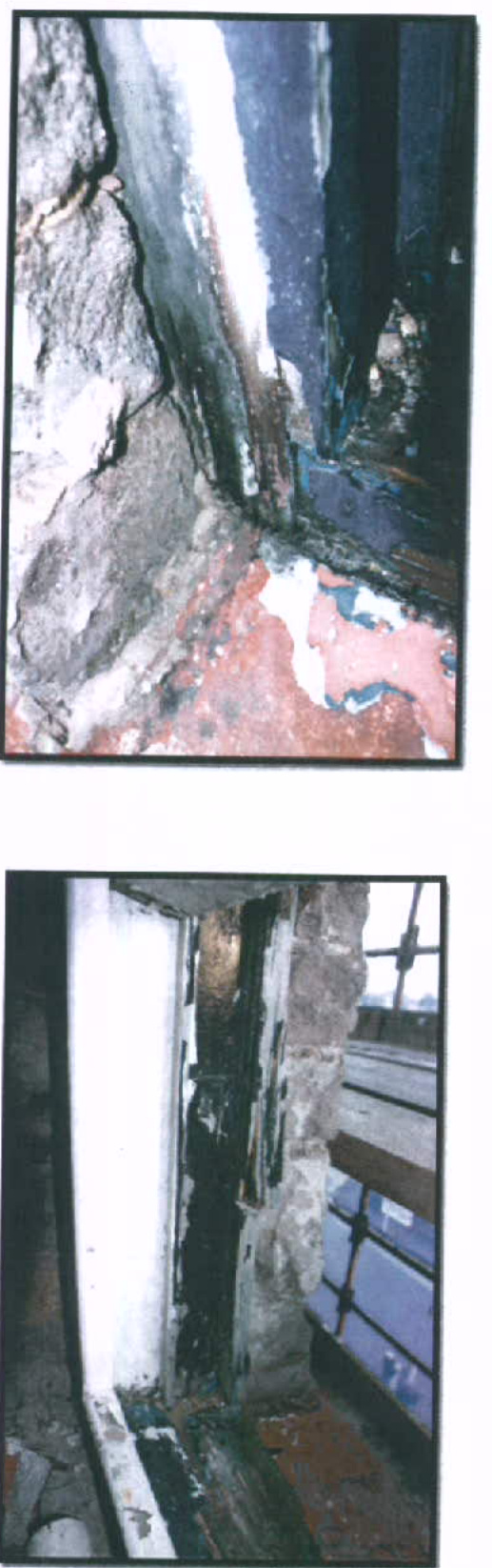 Two photographs showing close-up details of a window opening during replacement, featuring rough stone walls and window frames.