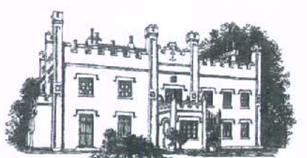 A black and white architectural sketch or elevation drawing of a large, two-story building featuring a crenellated roofline and multiple chimneys.