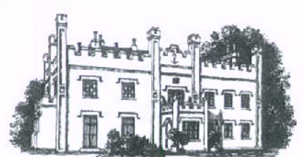A black and white architectural sketch depicting the elevation of a large, two-storey building with crenellated roofline and prominent chimneys.