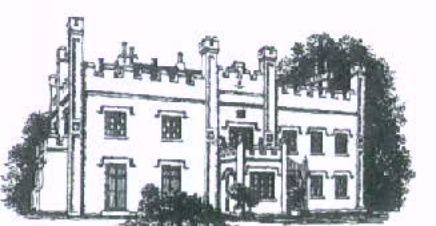 A black and white architectural sketch or elevation drawing of a large two-story building featuring a crenellated roofline and corner turrets.