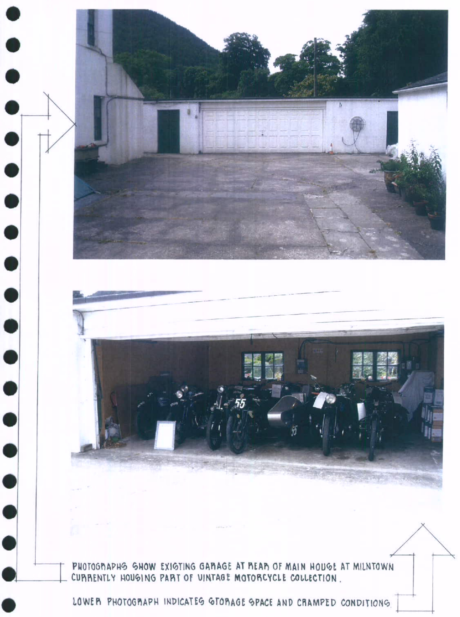 Two photographs showing the exterior and interior of an existing garage at the rear of a main house, currently used for storing vintage motorcycles.
