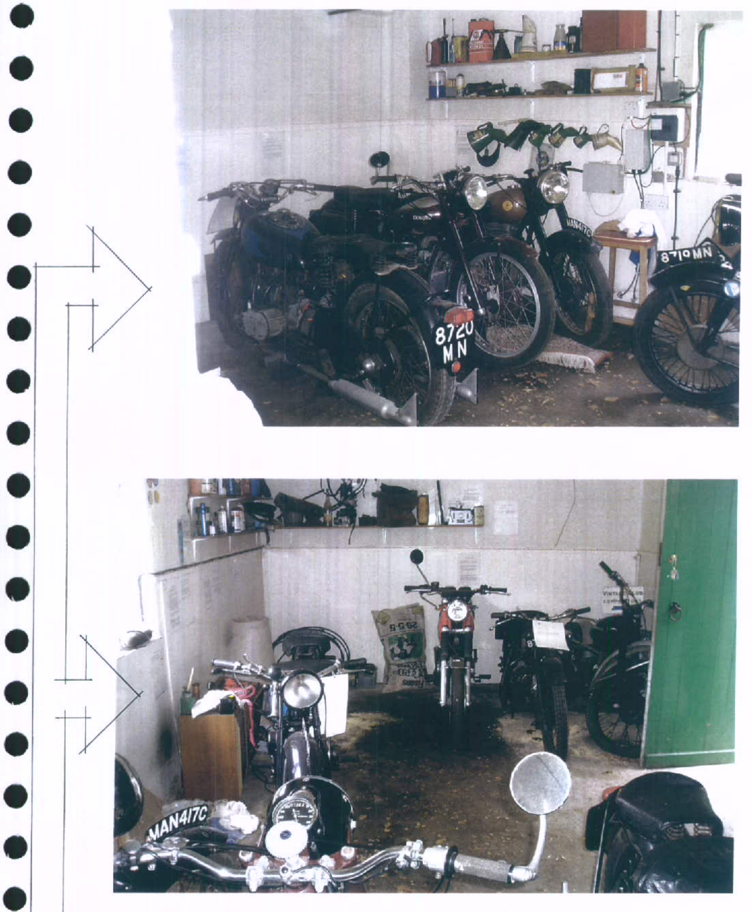 Two interior photographs showing a collection of vintage motorcycles parked inside a garage or workshop space with shelving and tools.