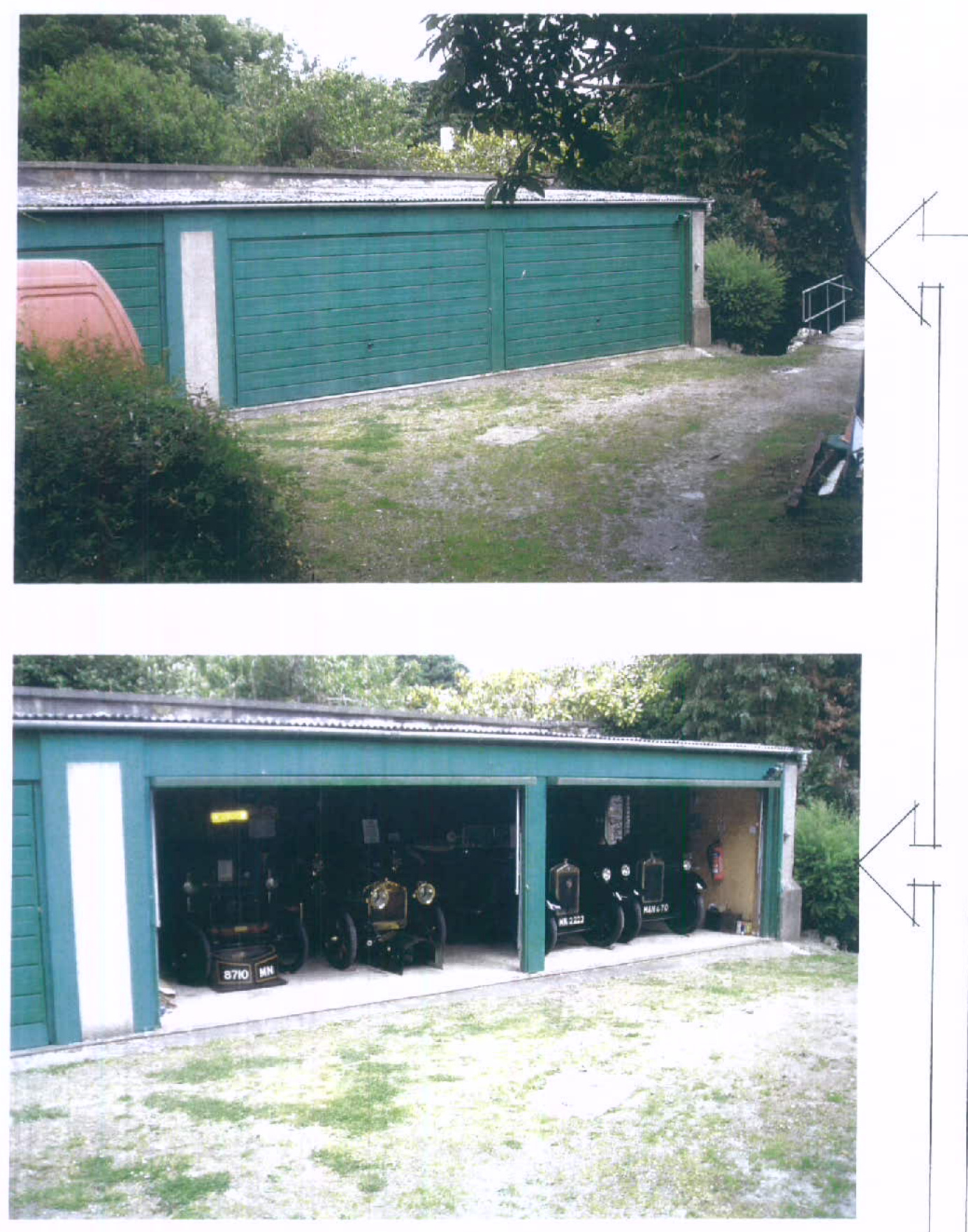 Two photographs showing an existing single-storey green garage building, with the doors closed in the top image and open to reveal vintage cars in the bottom image.