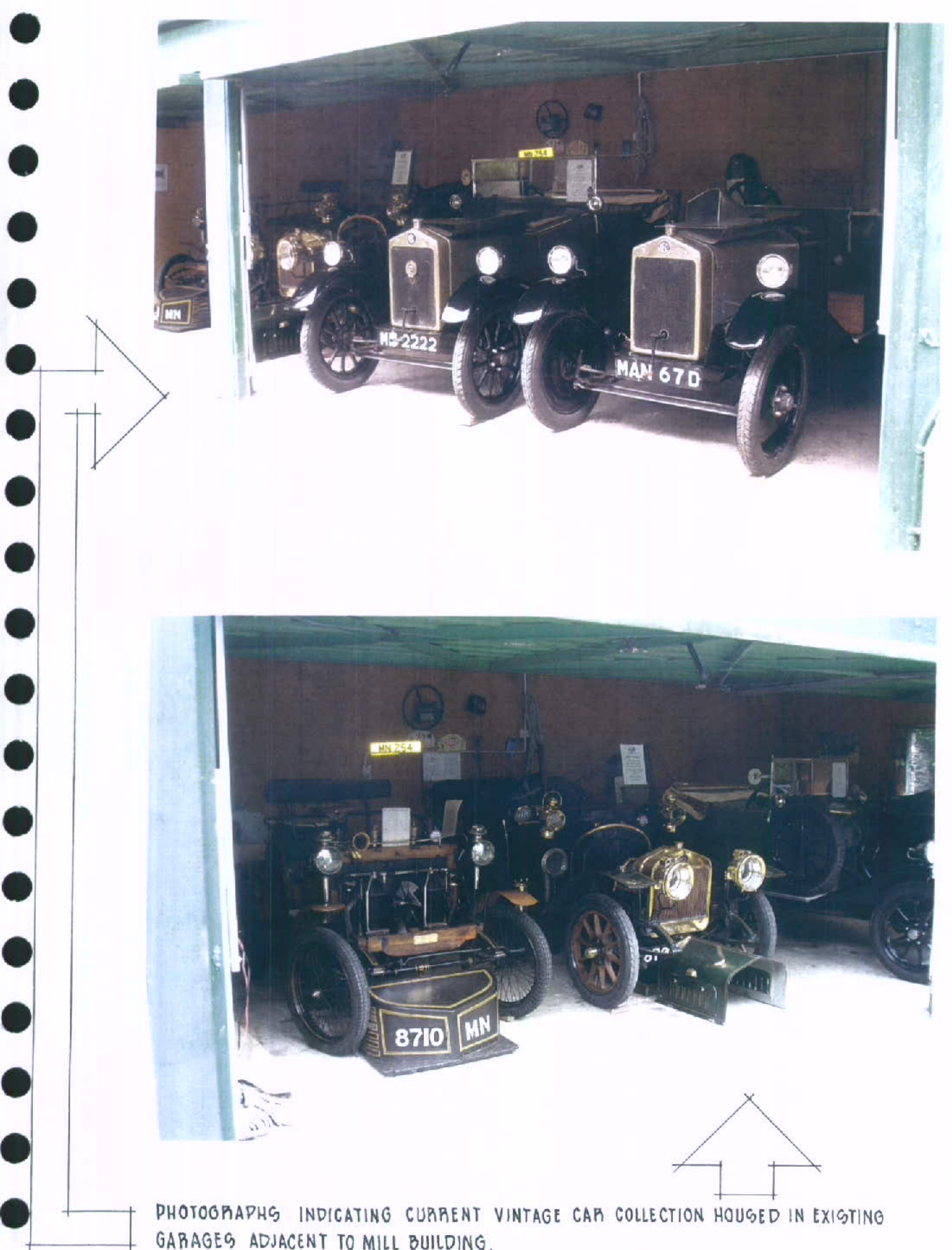 The image displays two interior photographs of an existing garage housing a collection of vintage automobiles.
