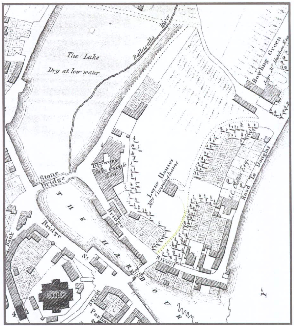 A historical black and white map depicting the coastal area of Castletown, showing the Castle, Harbour, Ballasalla River, and surrounding properties and roads.