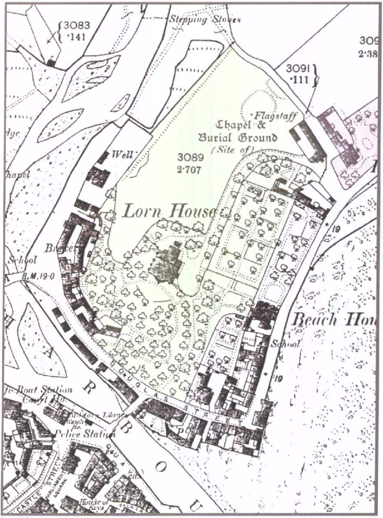 This is a historical topographical map showing the layout of Lorn House, a chapel, and surrounding buildings along Douglas Street. It details property boundaries, trees, and nearby structures like a school and police...