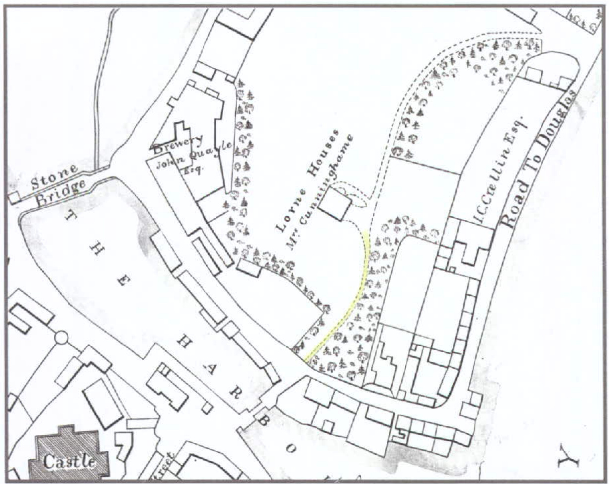 A historical site plan showing the layout of buildings, roads, and the harbour area in Castletown, with a yellow line highlighting a specific property boundary.