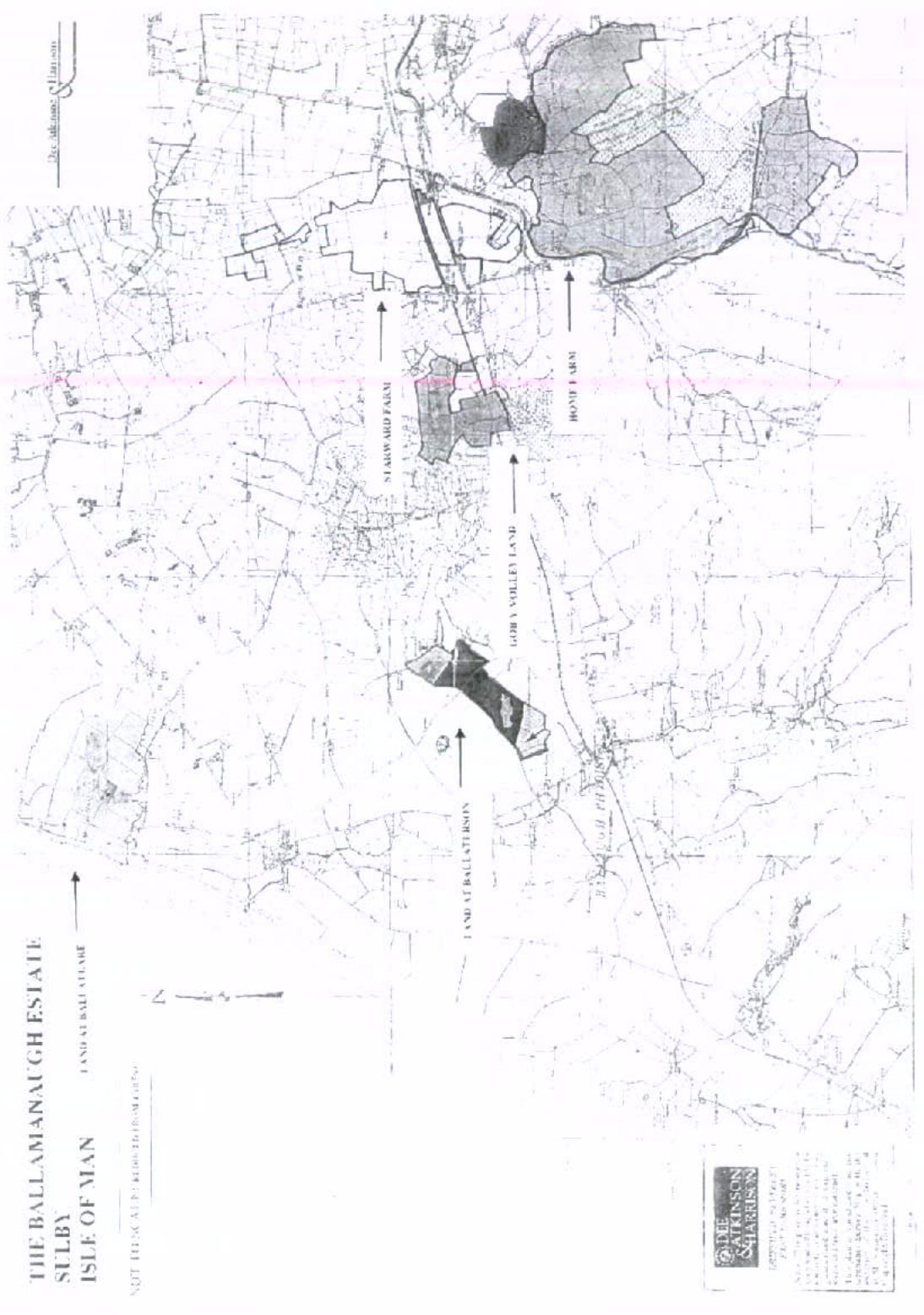 A black and white location map showing the site 'Land at Balla Bron' in Sulby, Isle of Man, with surrounding roads and land parcels shaded.