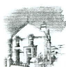 A rough architectural sketch or elevation drawing of a building with a pitched roof and chimney.