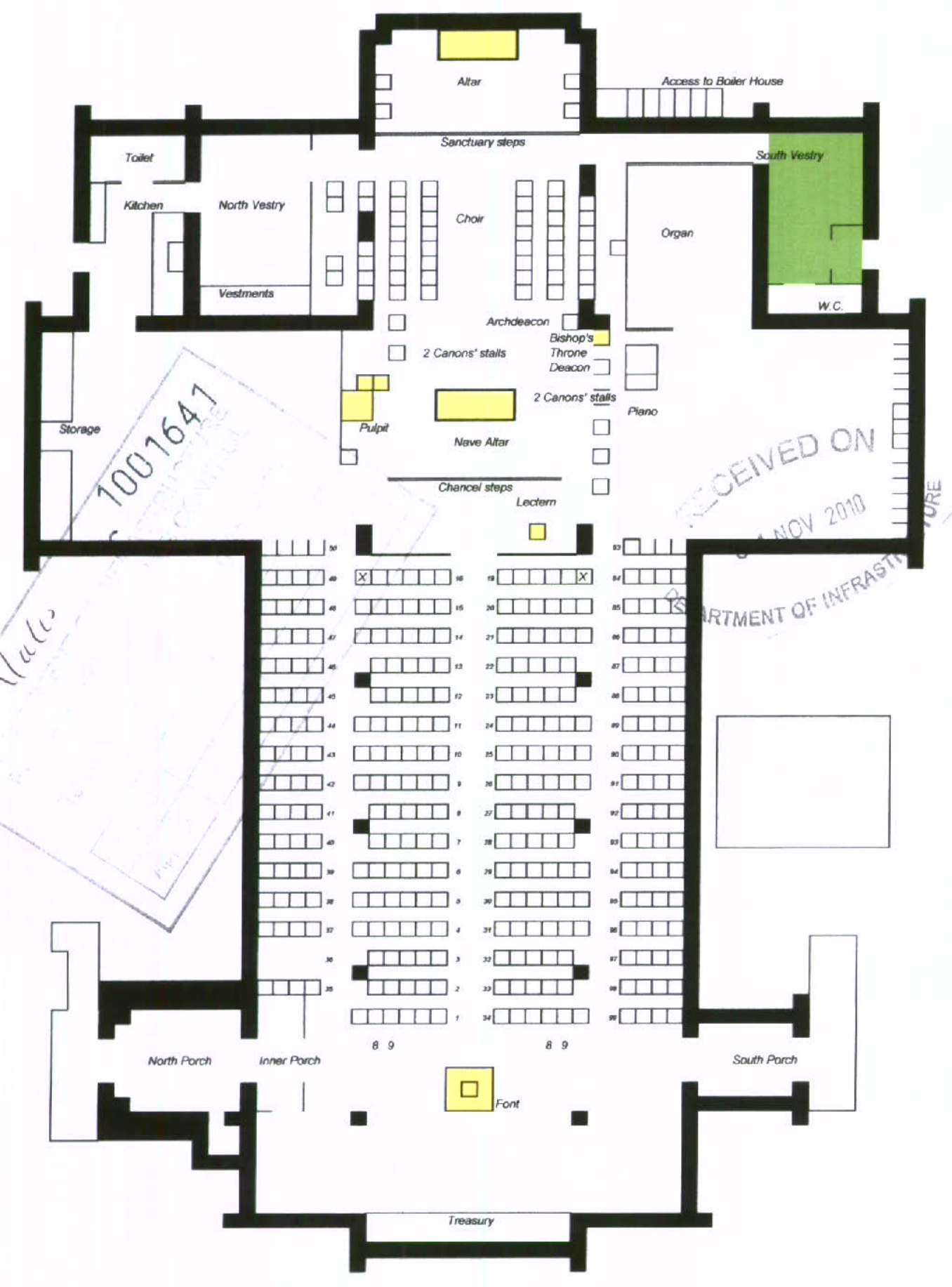 Architectural floor plan showing the interior layout of a cathedral, including the nave, chancel, and vestries.