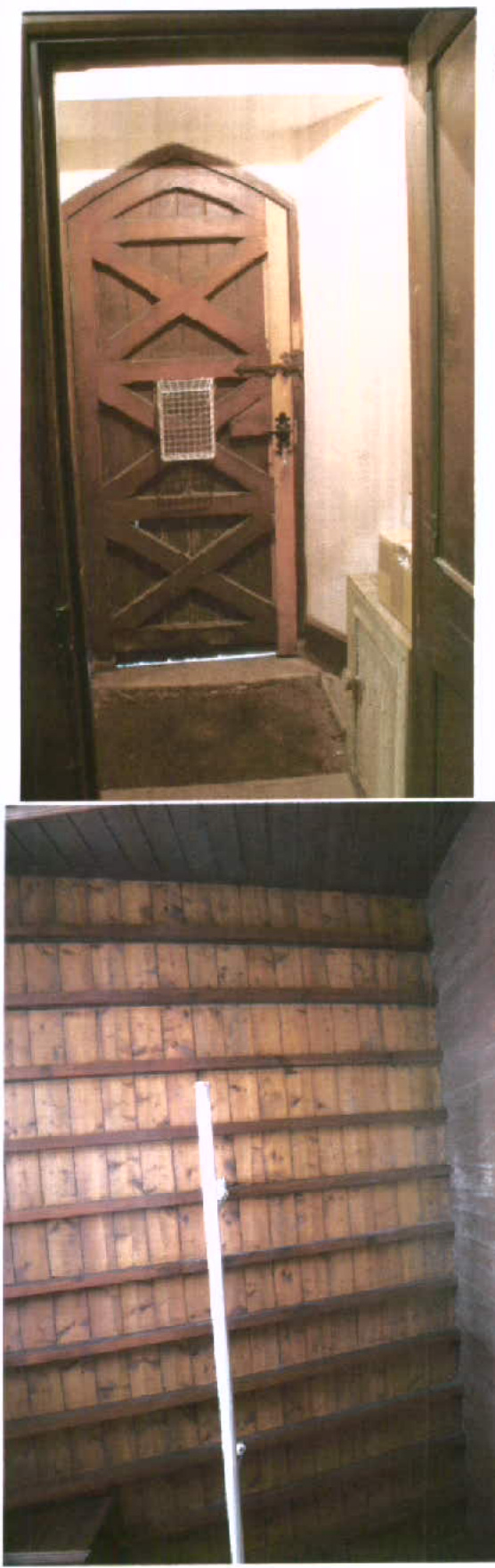 A composite image showing the interior of a historic building, featuring a wooden arched door with cross-bracing and a wooden paneled wall or staircase.