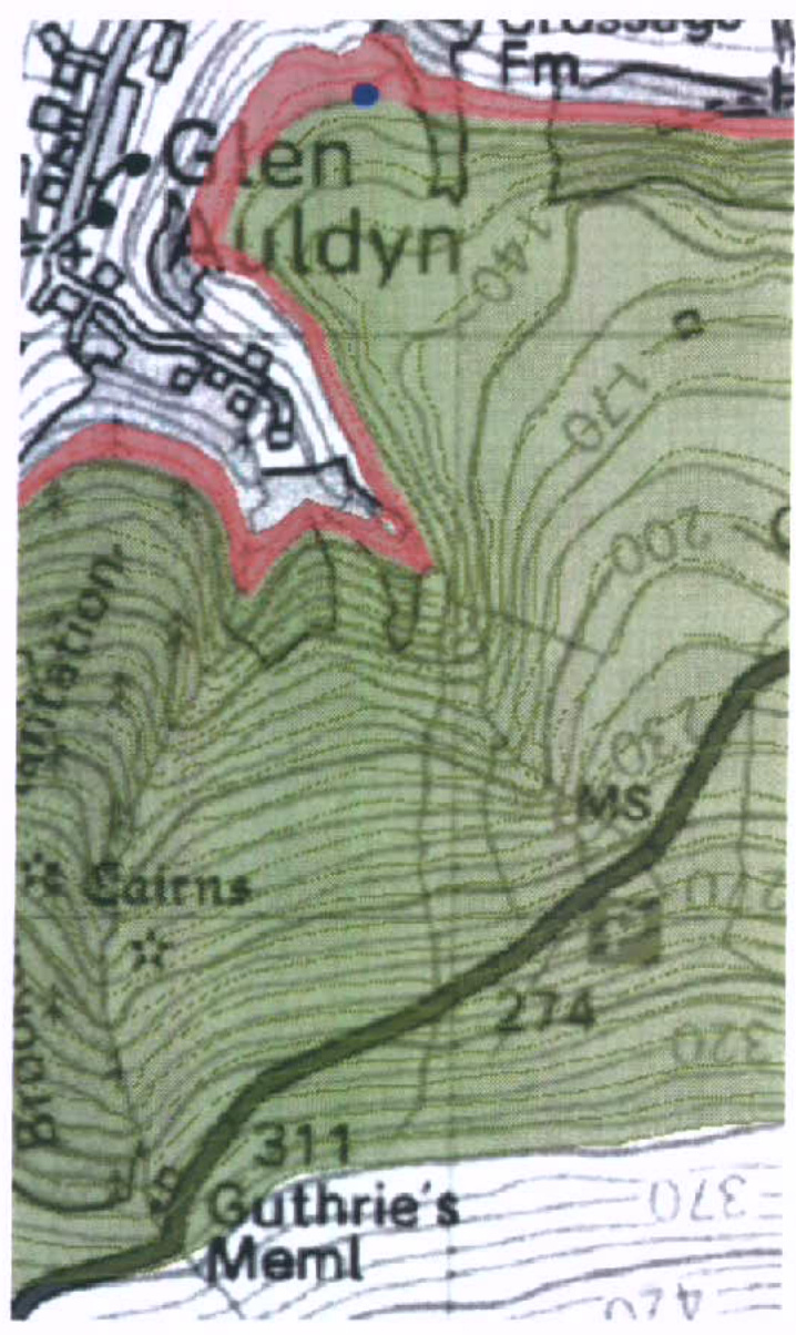 This image shows a topographical map of the Glen Auldyn area with contour lines and a red highlighted site boundary.