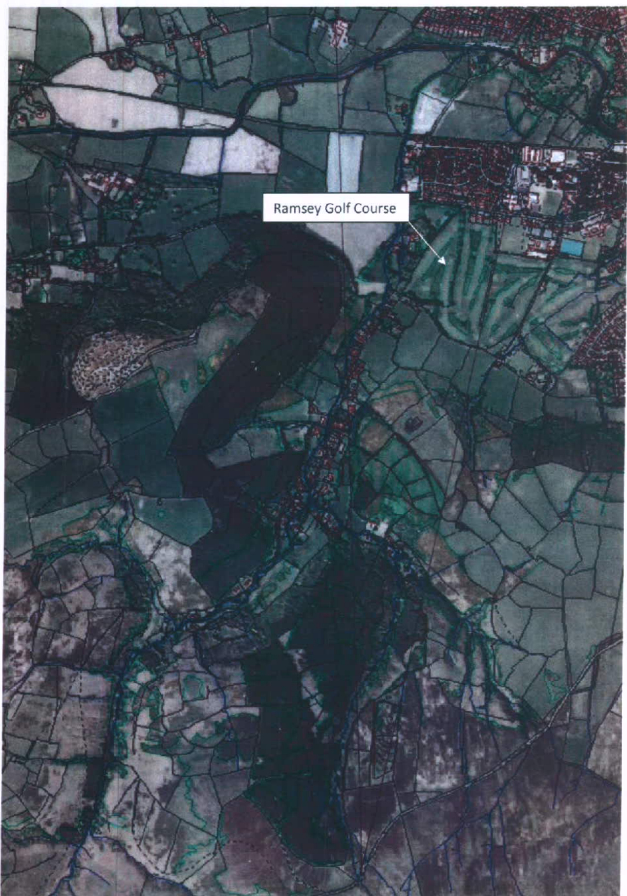 An aerial view or map showing a rural landscape with field boundaries, a watercourse, and a labeled area for Ramsey Golf Course.