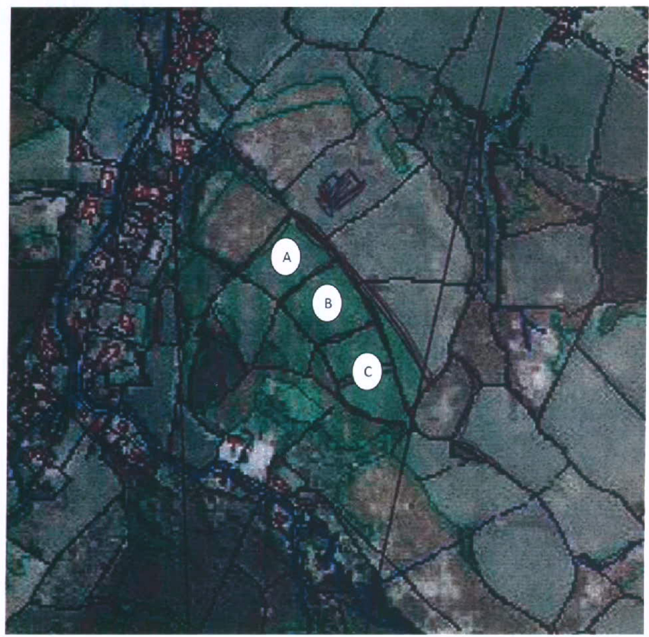 An aerial site plan showing a rural landscape with field boundaries and a nearby settlement, highlighting specific areas labeled A, B, and C.