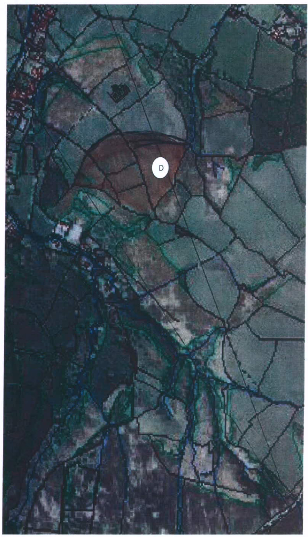 An aerial site location map showing a highlighted plot of land marked with a 'D' amidst surrounding fields and rural landscape.