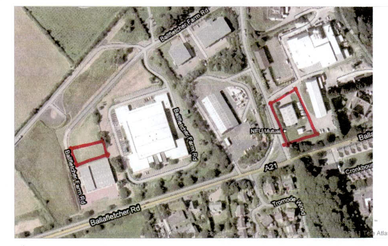 An aerial site plan showing the location of the proposed development outlined in red, situated near Ballafletcher Farm Rd and the A21.