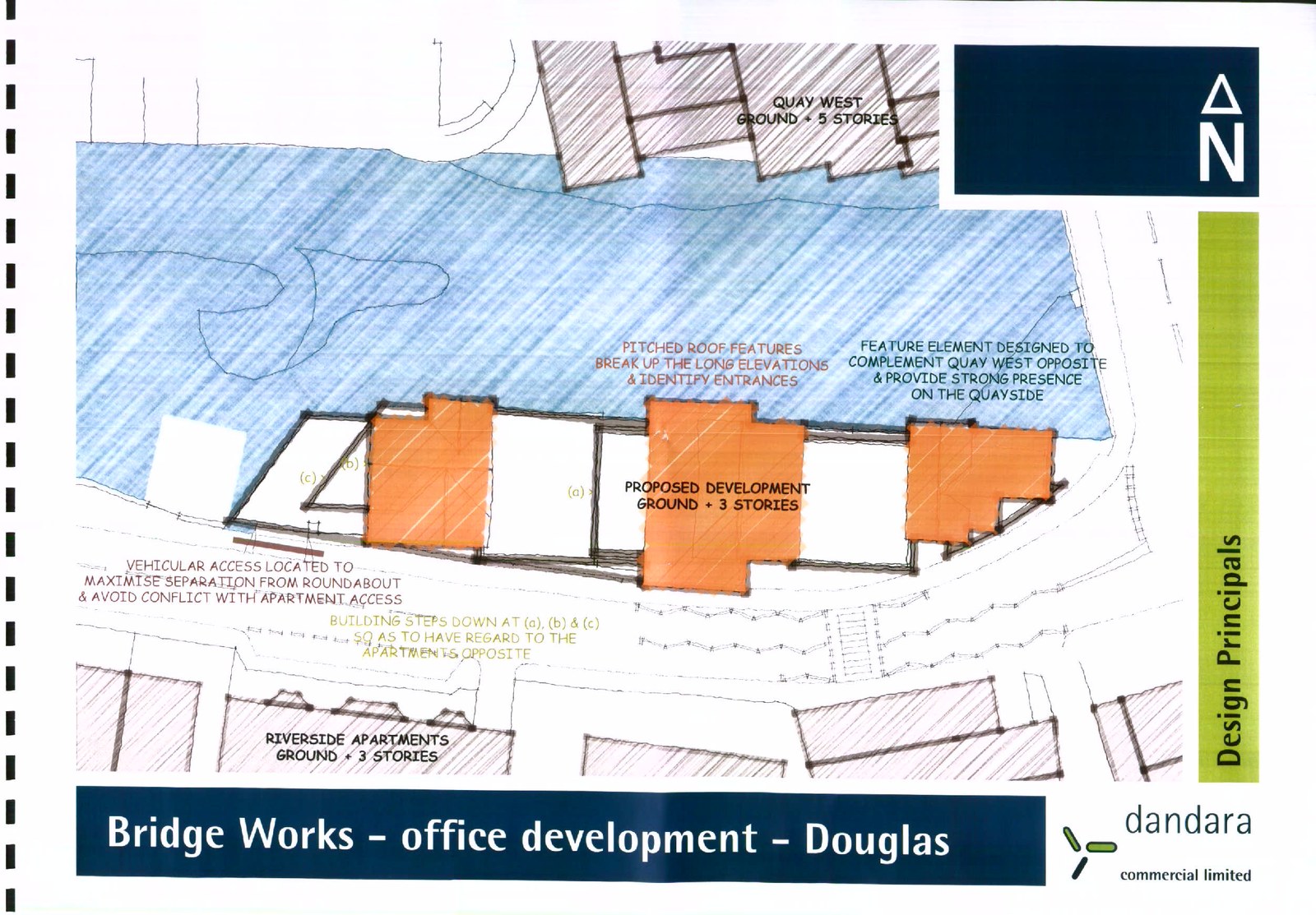 A hand-drawn architectural sketch showing a site plan for a proposed office development on the quayside in Douglas, including annotations on design features and access.
