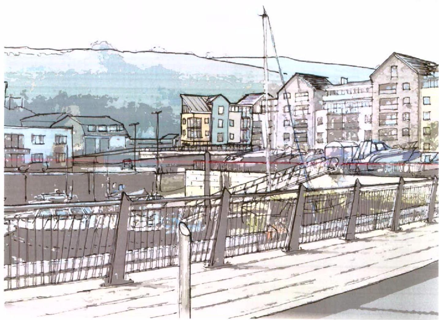 A hand-drawn perspective sketch depicting a waterfront scene with a railing in the foreground, boats in a marina, and multi-story buildings against a hilly background.