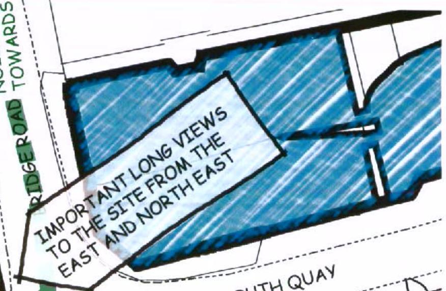 This image shows a site plan or diagram featuring a blue shaded area annotated with text indicating 'Important long views to the site from the east and north east'. Road names such as 'Bridge Road' and 'South Quay' ar...
