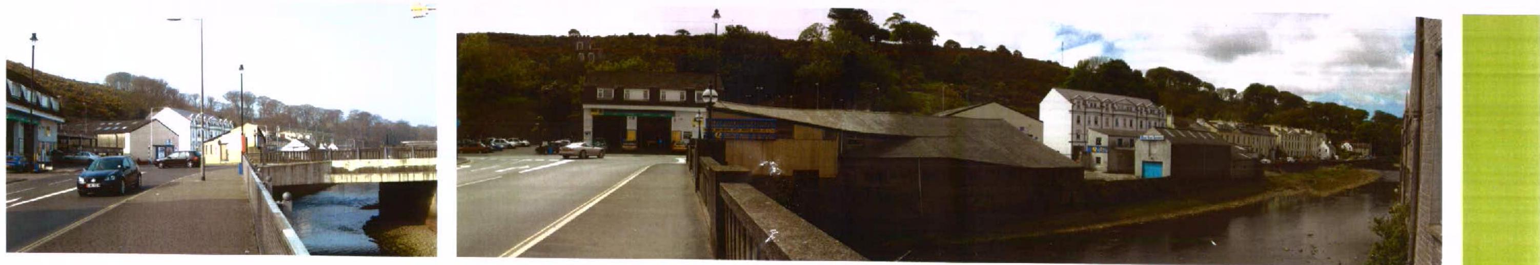 A panoramic photograph showing a street scene with a bridge over a river, a road with a car, and existing industrial/commercial buildings on the bank.