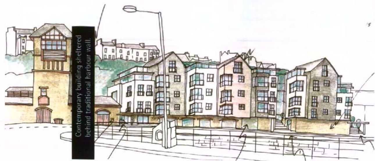 An architectural sketch depicting a multi-story residential development situated behind a traditional harbour wall.