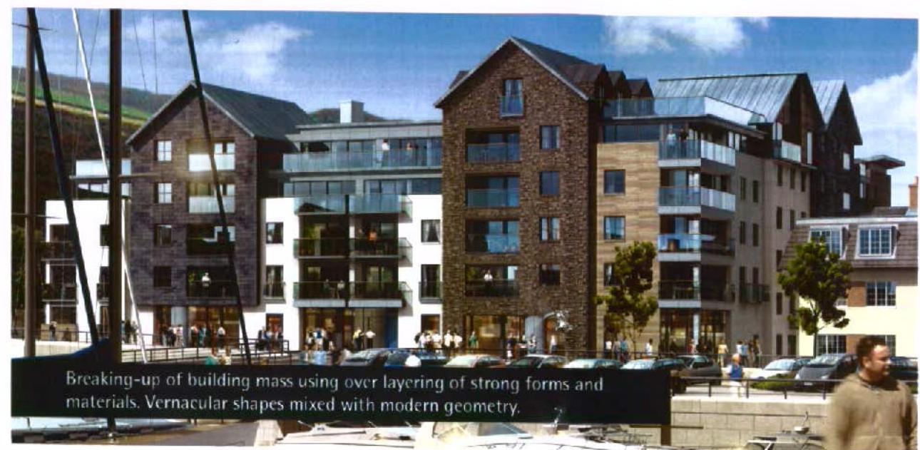 A digital rendering depicting a proposed multi-story mixed-use development with stone and modern cladding, situated near a marina with boat masts visible in the foreground.
