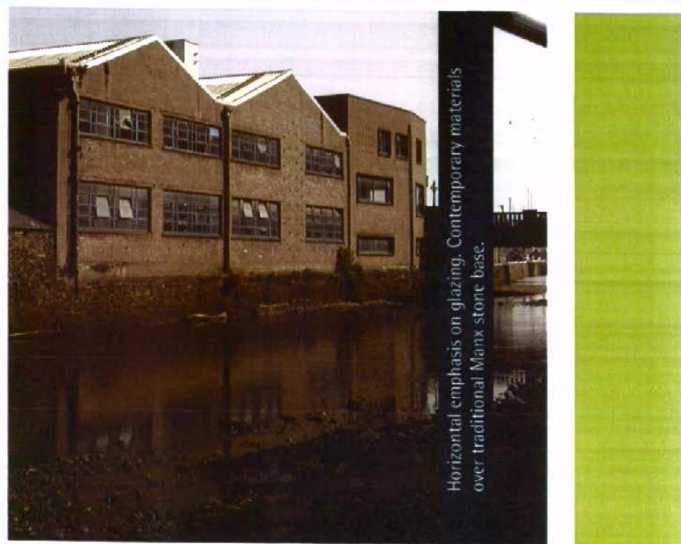 A photograph of a multi-story brick industrial building situated next to a river or canal, with overlaid text describing the proposed design materials.