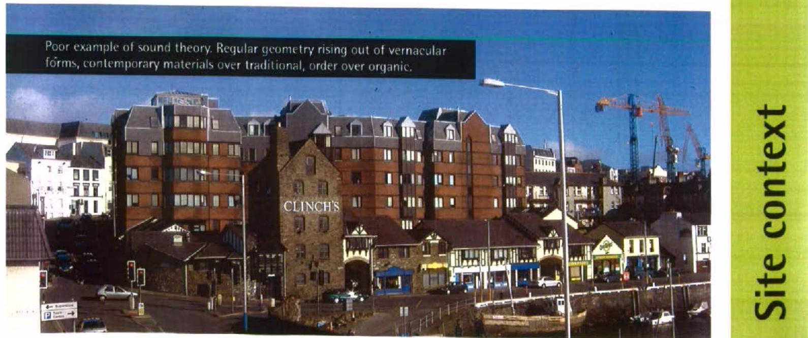 A site context photograph showing a streetscape with a mix of traditional stone buildings and a large modern brick office building, featuring a harbor area and construction cranes in the background.