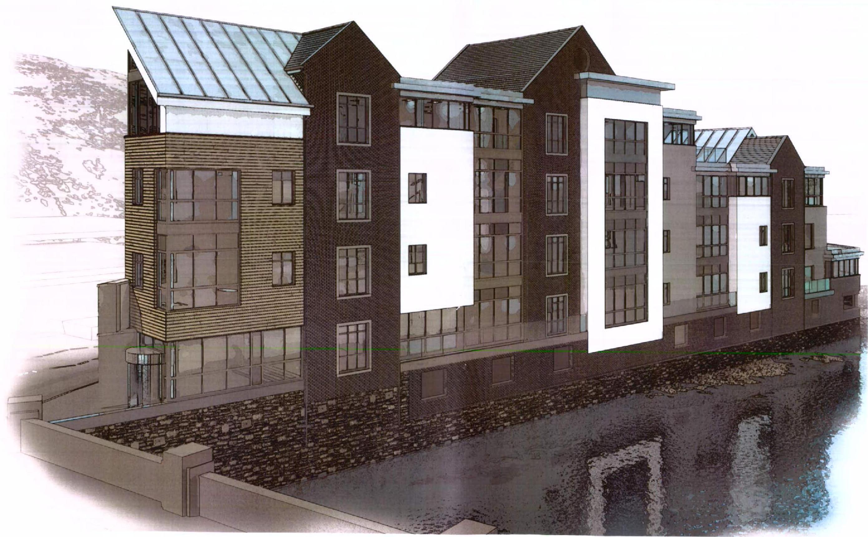 Architectural perspective rendering of a modern multi-story residential building block situated next to a body of water.