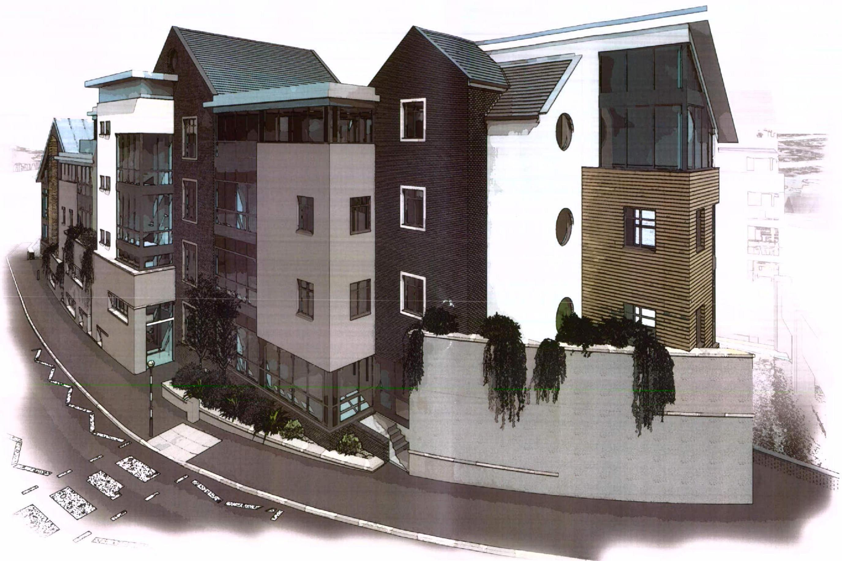 A 3D architectural rendering showing a modern row of residential buildings with mixed cladding and a street foreground.