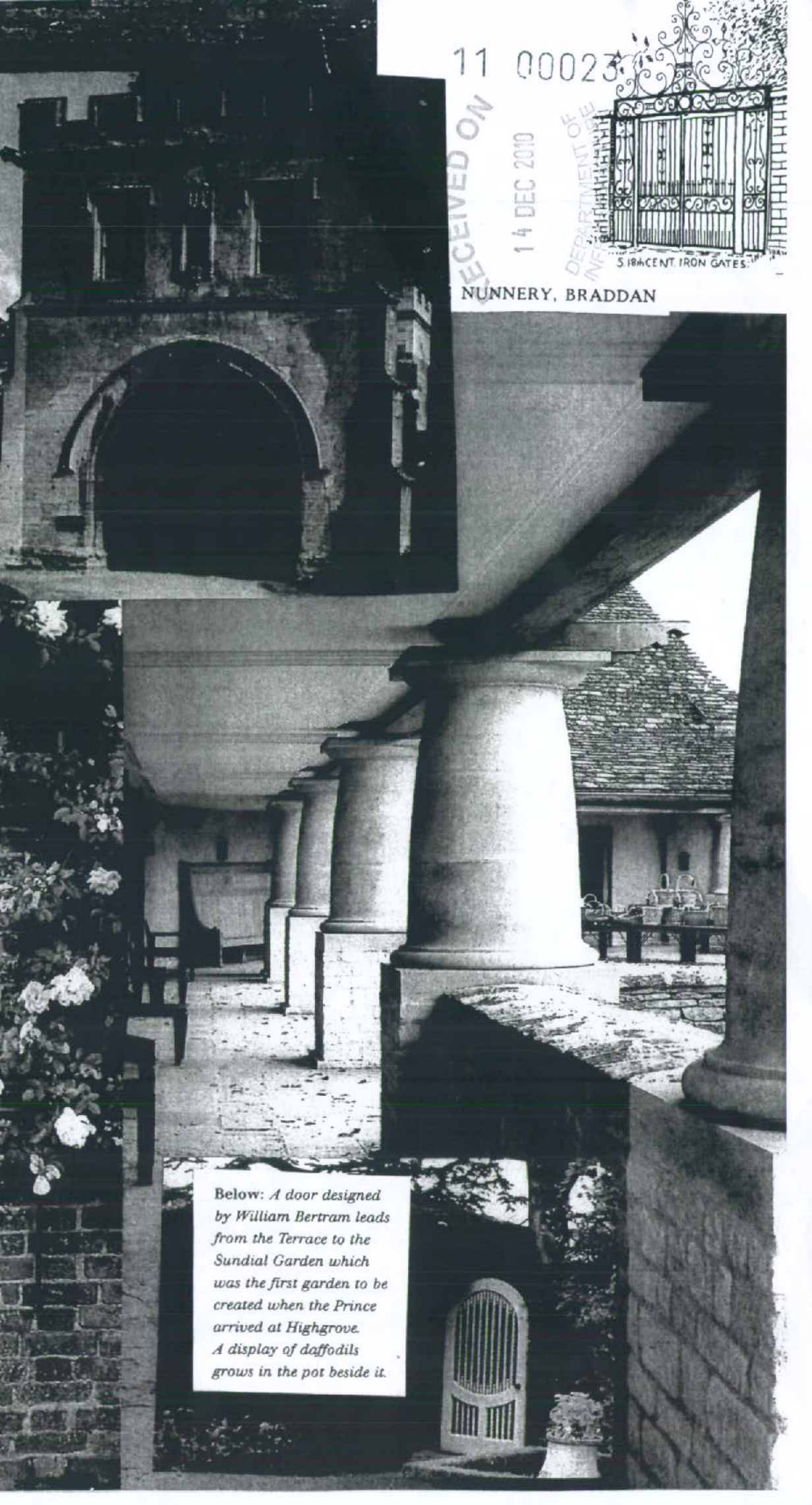 A black and white collage of photographs featuring a stone archway, a long colonnade with pillars, and a small inset image of a garden door with a caption.