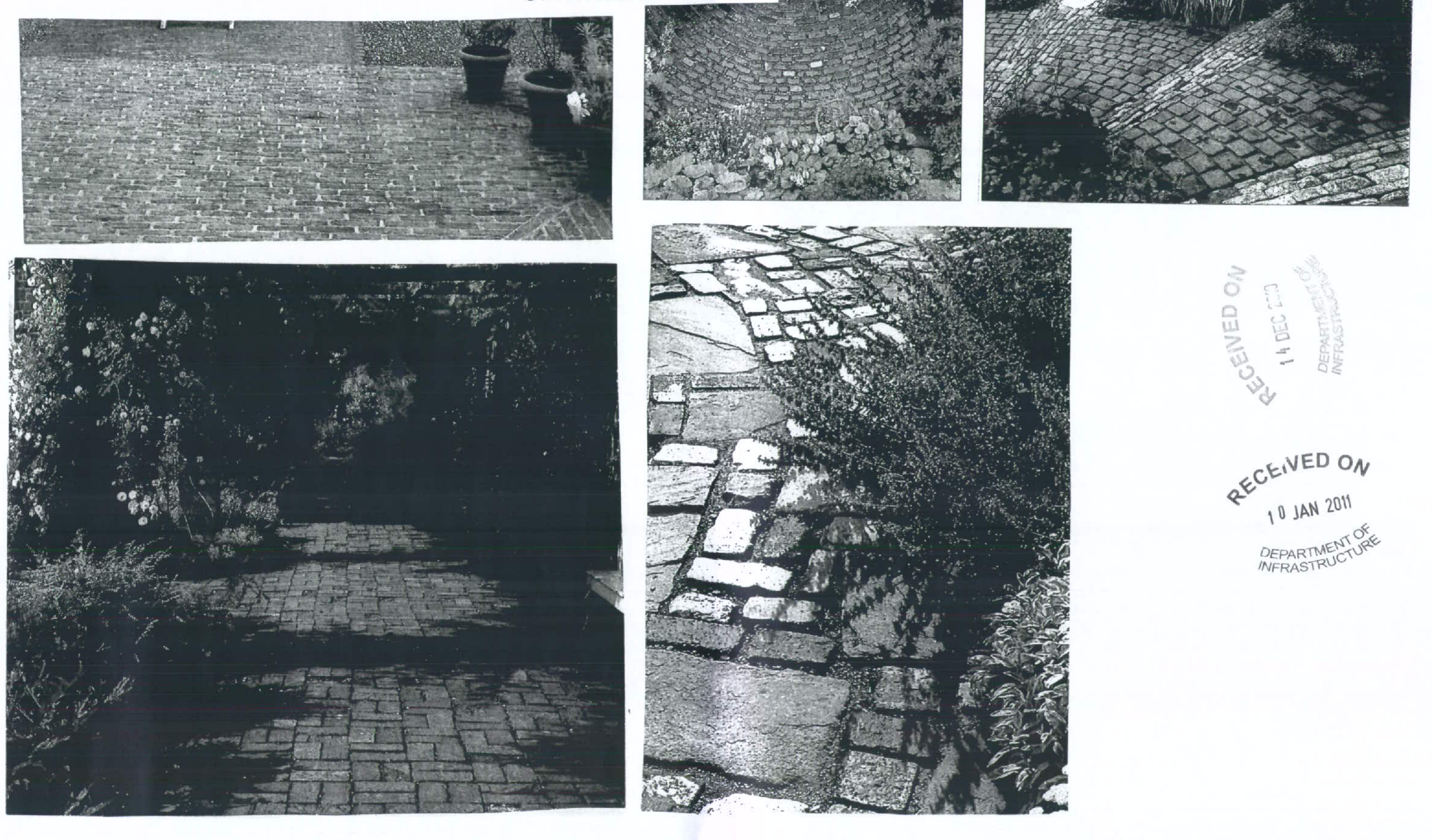 A composite sheet of black and white photographs displaying various landscaping features, including paved paths, stone walls, and garden areas.