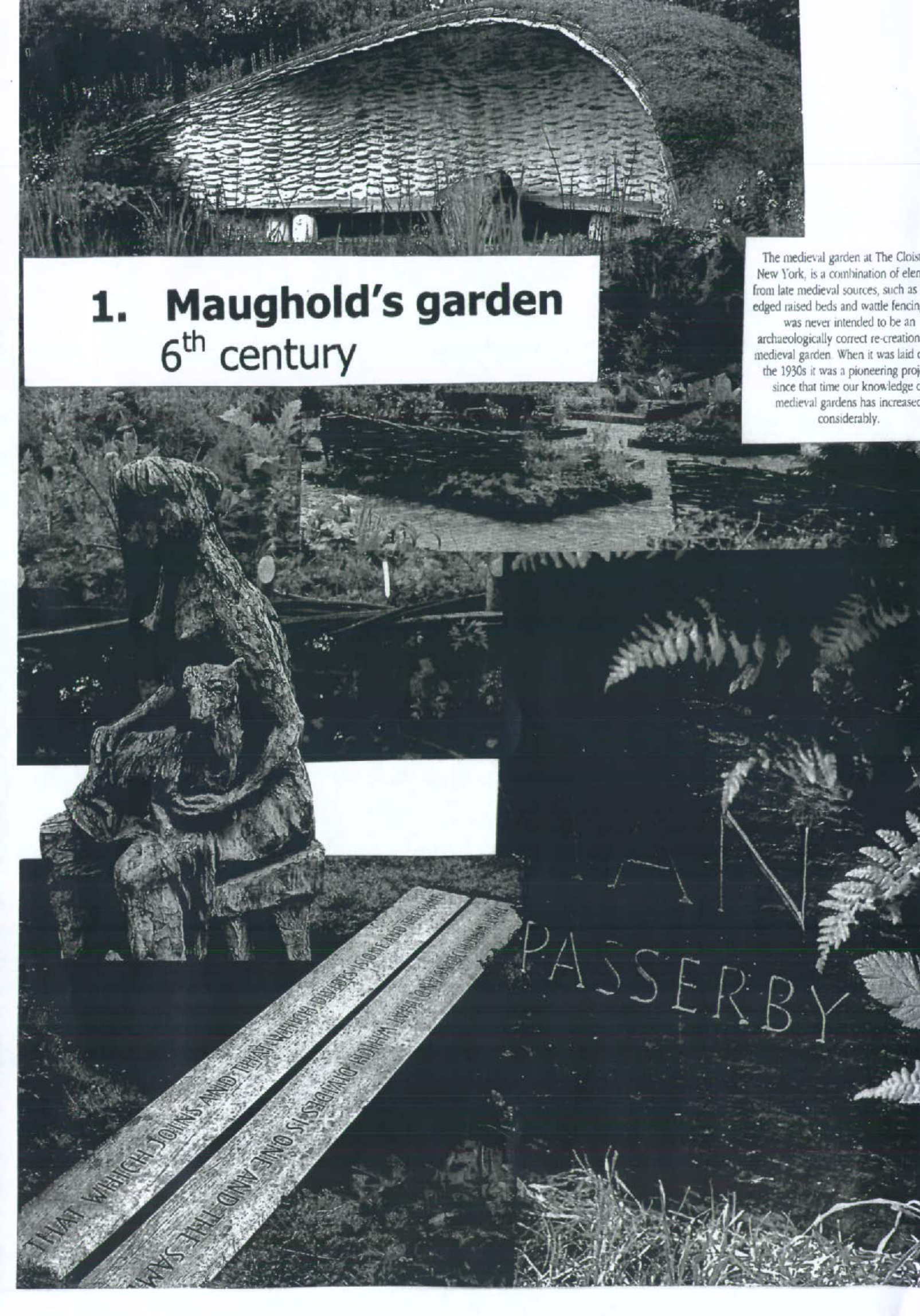 A document page displaying a collage of black and white photographs illustrating a medieval garden design, including a thatched structure and wooden sculpture.
