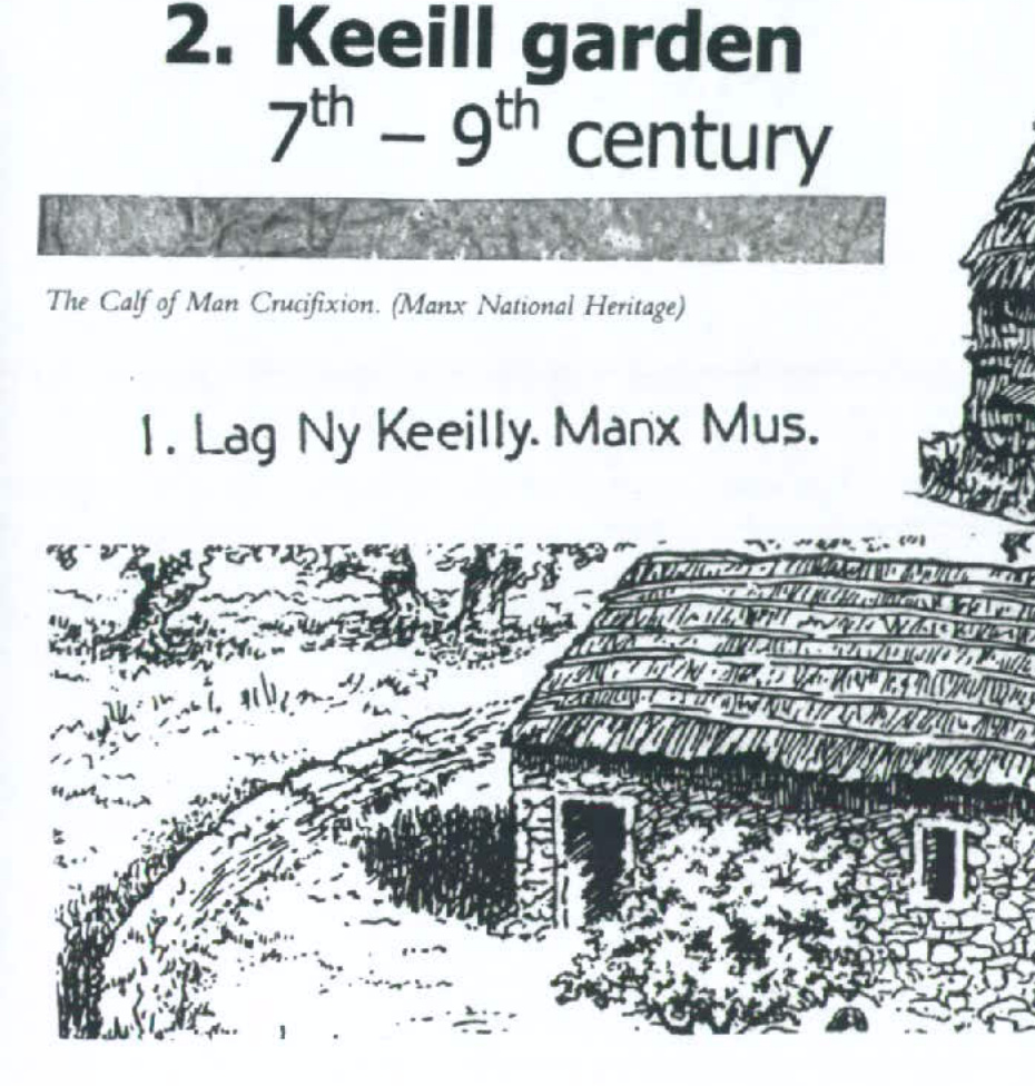 A document page featuring text and a sketch of a historical stone keeill with a turf roof, serving as a design reference for the proposed replica.