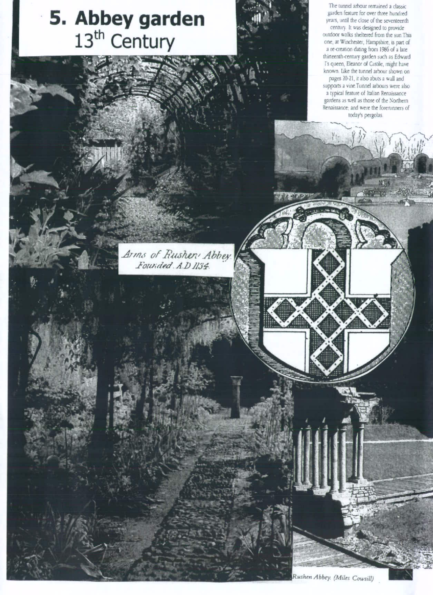 A scanned page featuring a photograph of a 13th-century Abbey garden with a tunnel arbour, accompanied by historical text and a coat of arms for Rushen Abbey.