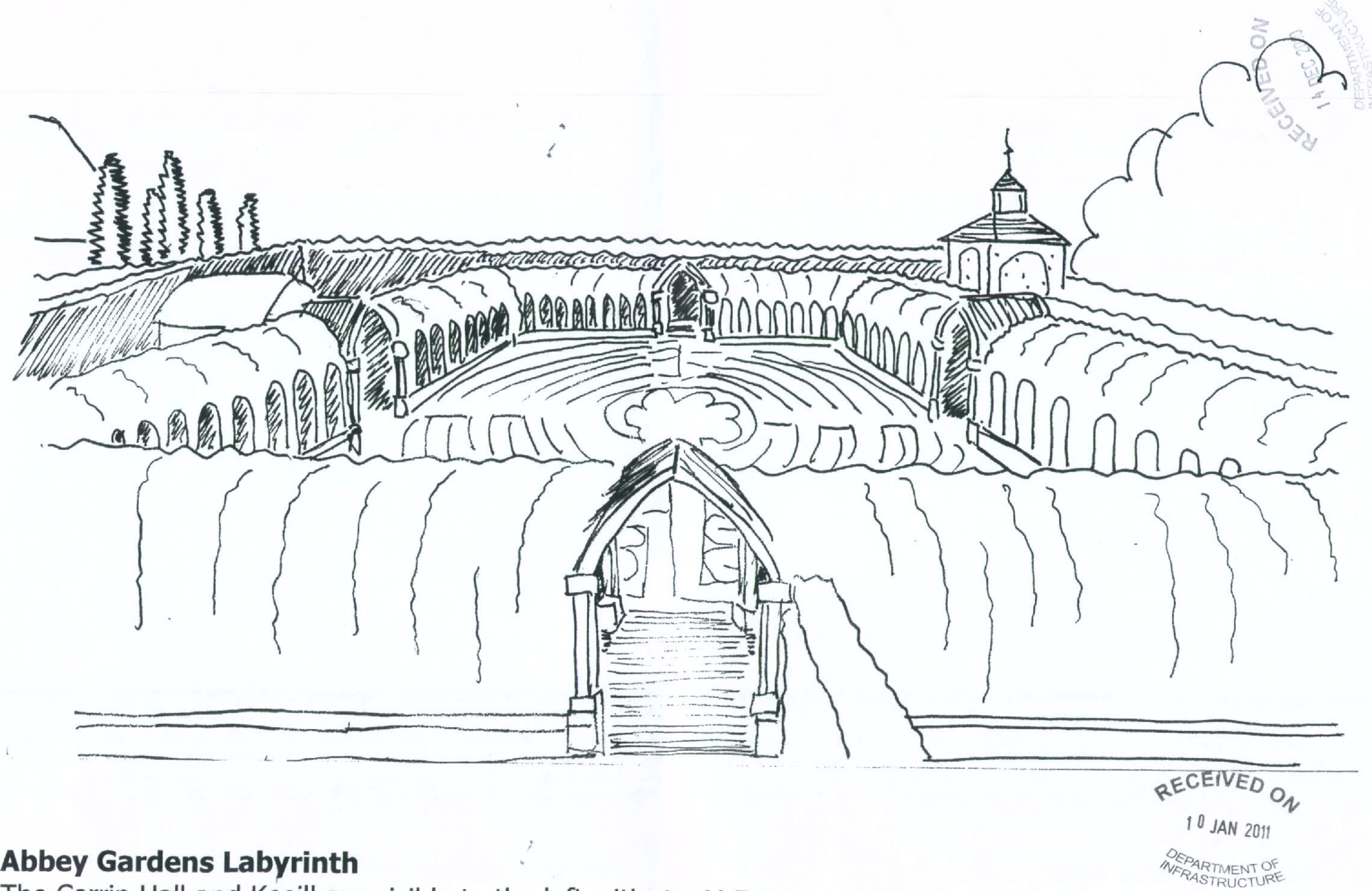 A hand-drawn perspective sketch illustrating a landscape design featuring a labyrinth, an arched gateway, and a small chapel structure in the background.