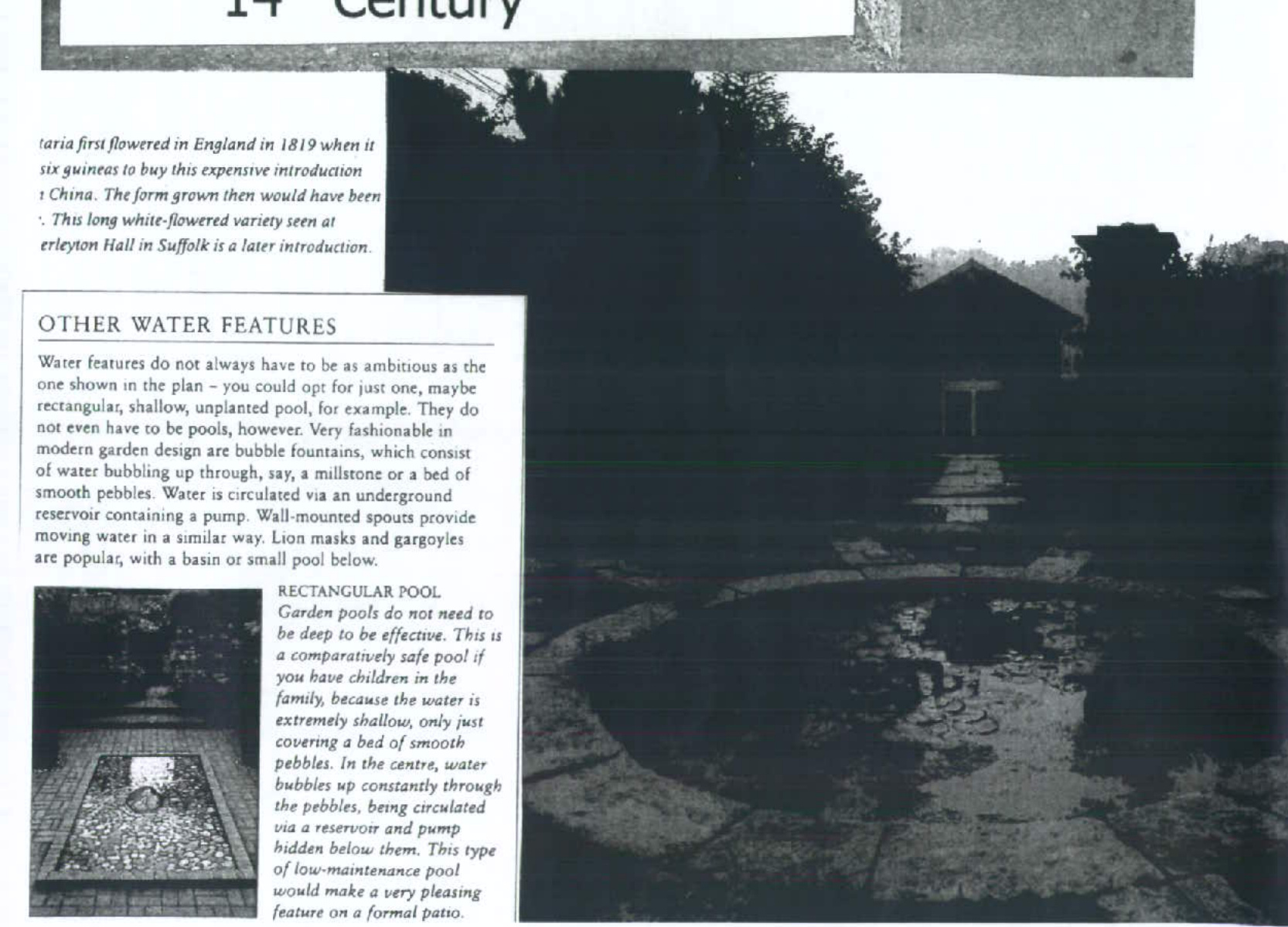 A scanned page from a garden design publication featuring text about water features and a photograph of a garden pool.