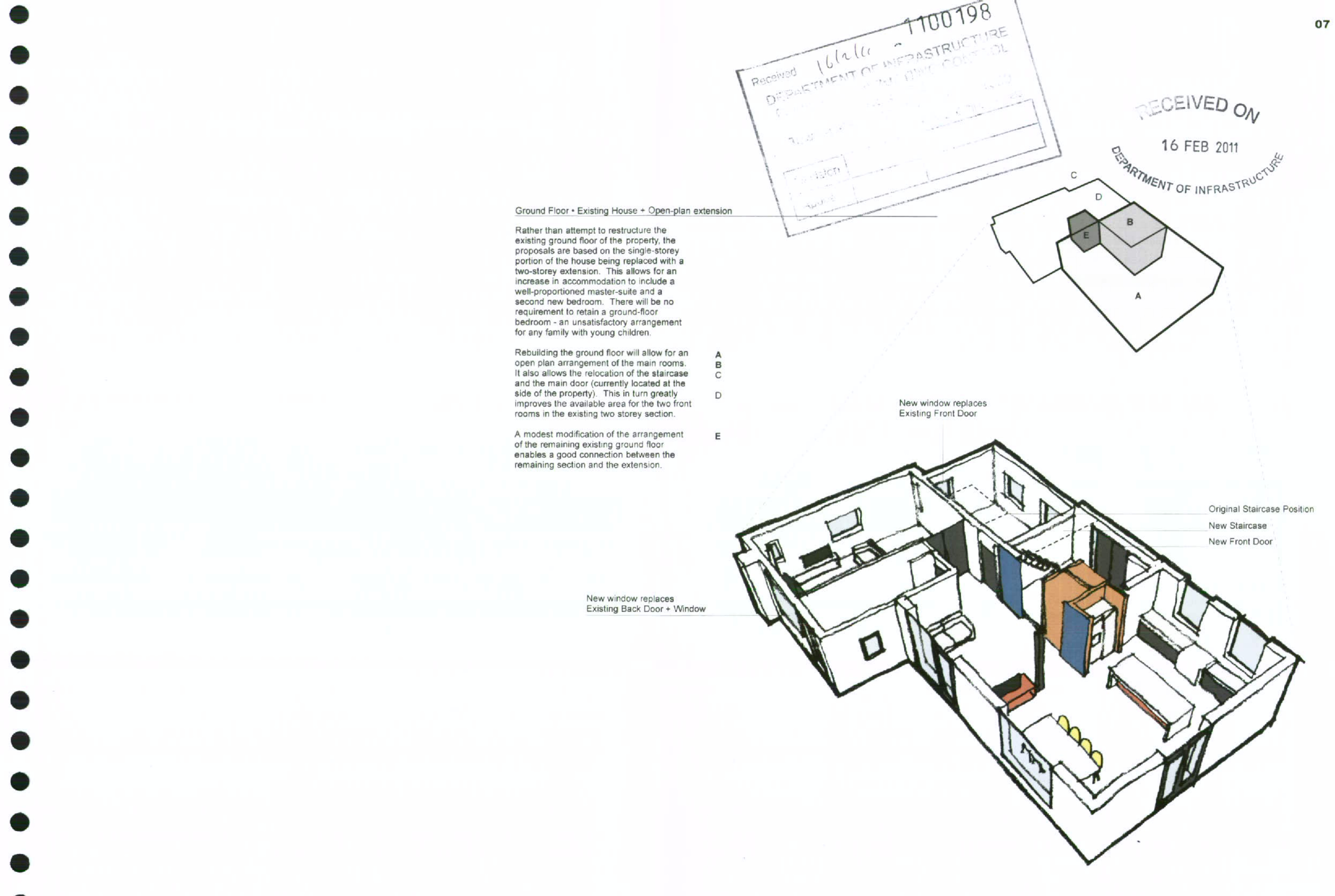 Architectural drawing page featuring a 3D isometric view of a proposed ground floor extension and a small site block plan.