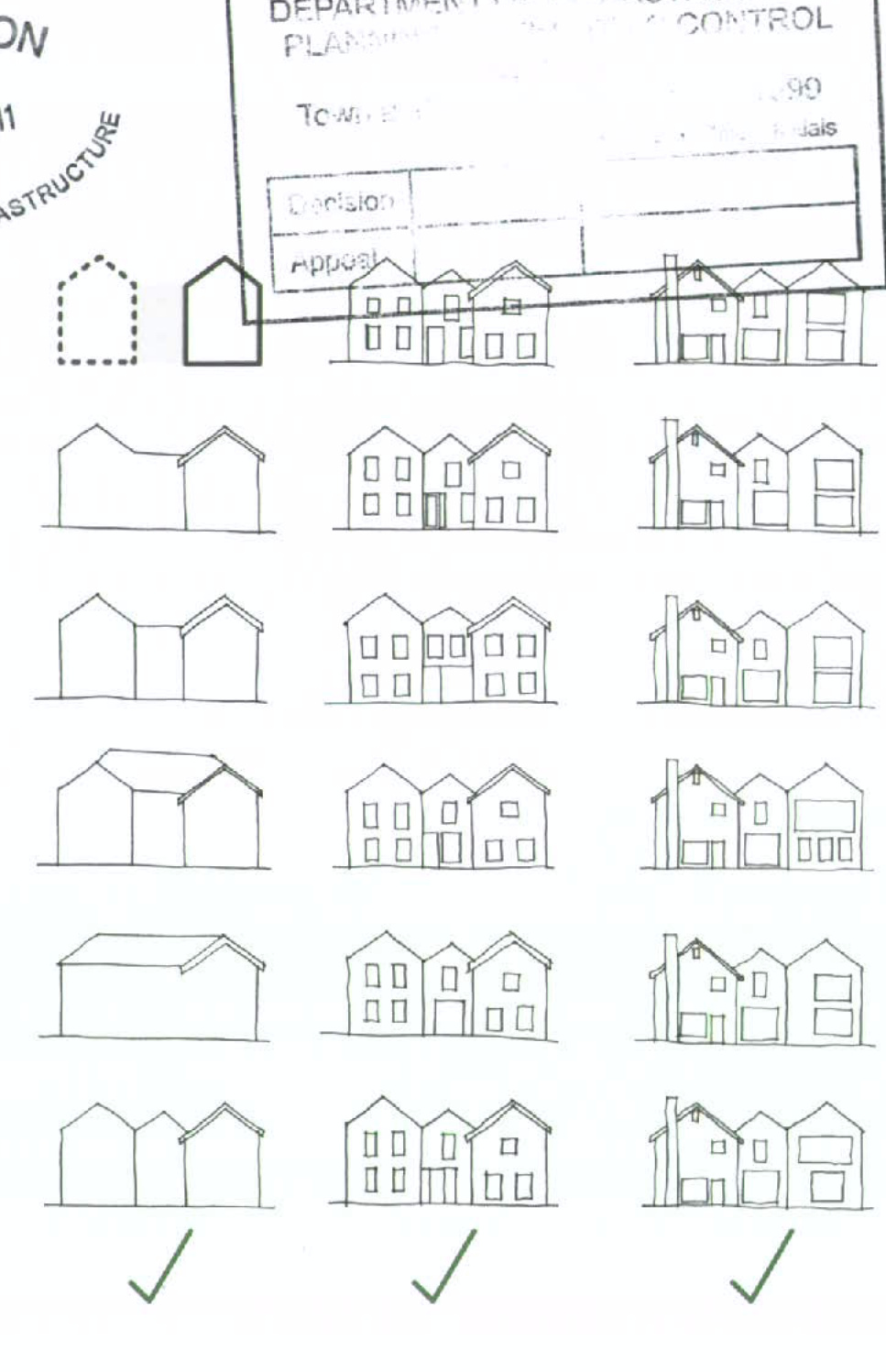 A page from a planning document showing hand-drawn sketches of various housing types and extensions with green checkmarks indicating approval.
