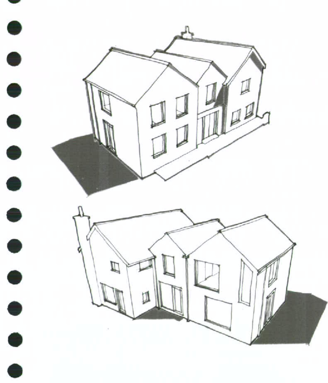 Architectural perspective sketches showing a two-story residential building, likely illustrating the proposed extension or replacement dwelling.