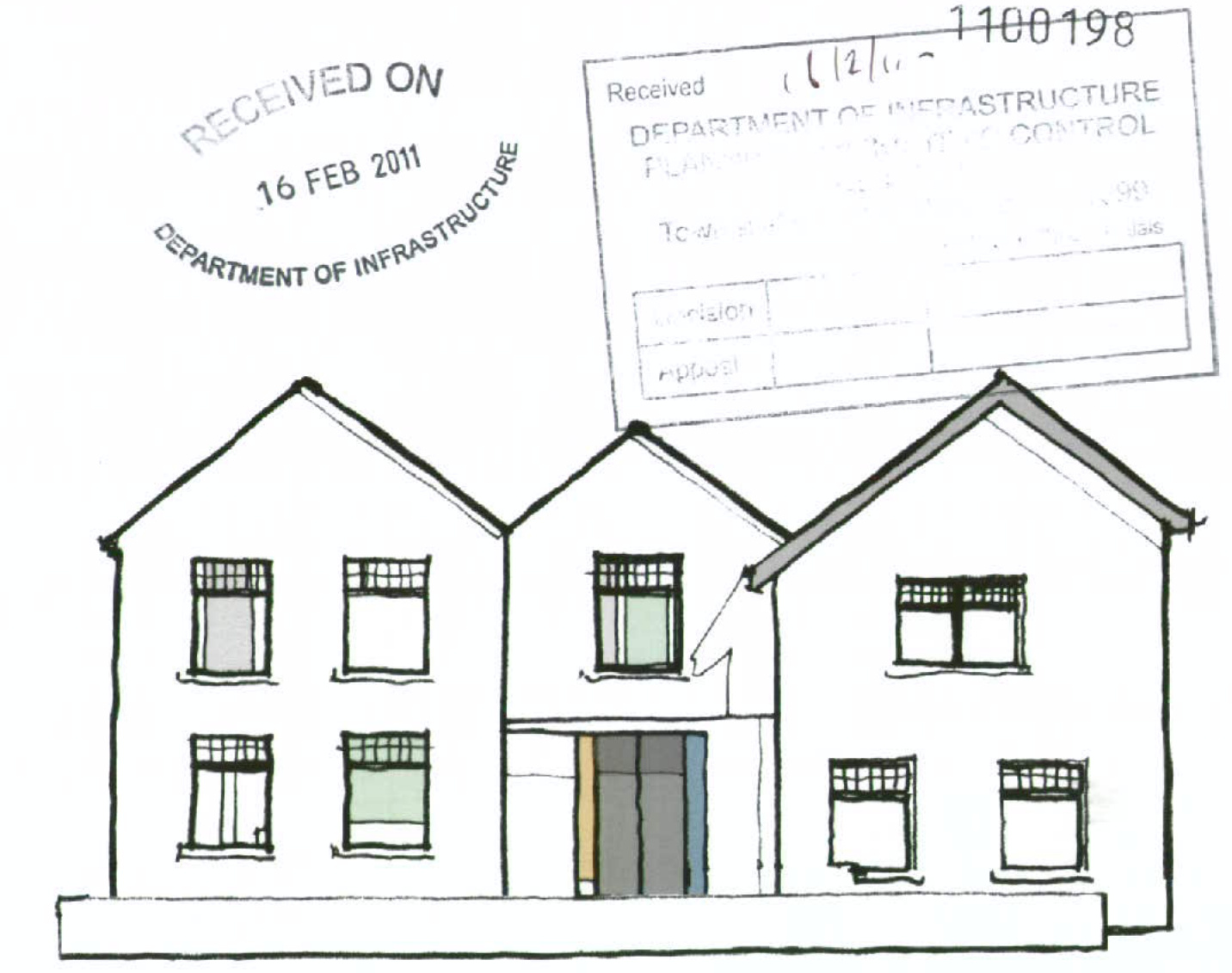 A hand-drawn elevation sketch of a residential building facade featuring three gabled sections and a central entrance, overlaid with a received stamp.