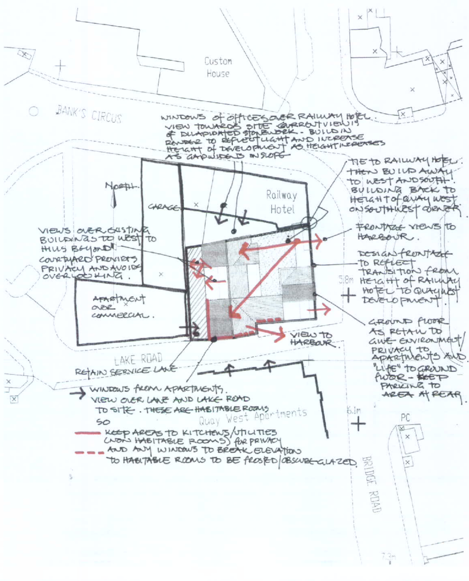 A hand-drawn architectural sketch illustrating the proposed development layout, views towards the harbour, and relationships with existing buildings like the Railway Hotel.