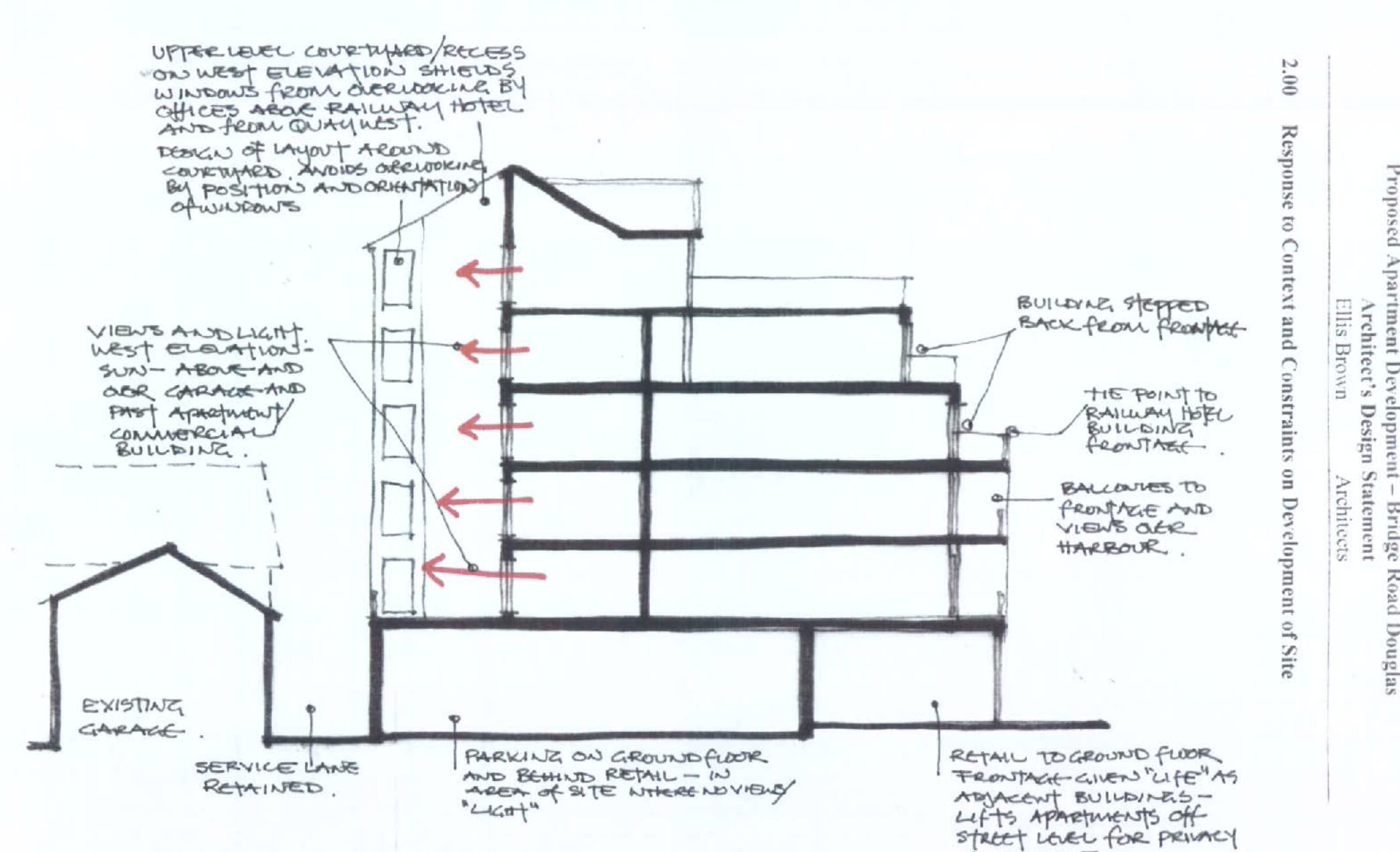 A hand-drawn architectural sketch showing a section view of a proposed apartment block with ground floor retail and parking, alongside an existing garage.